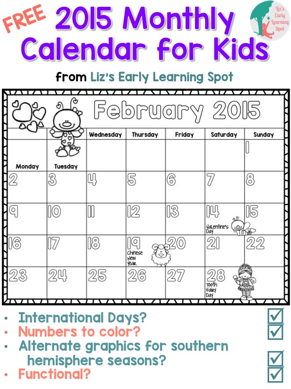 2015 Free Monthly Calendar For Kids Liz S Early Learning