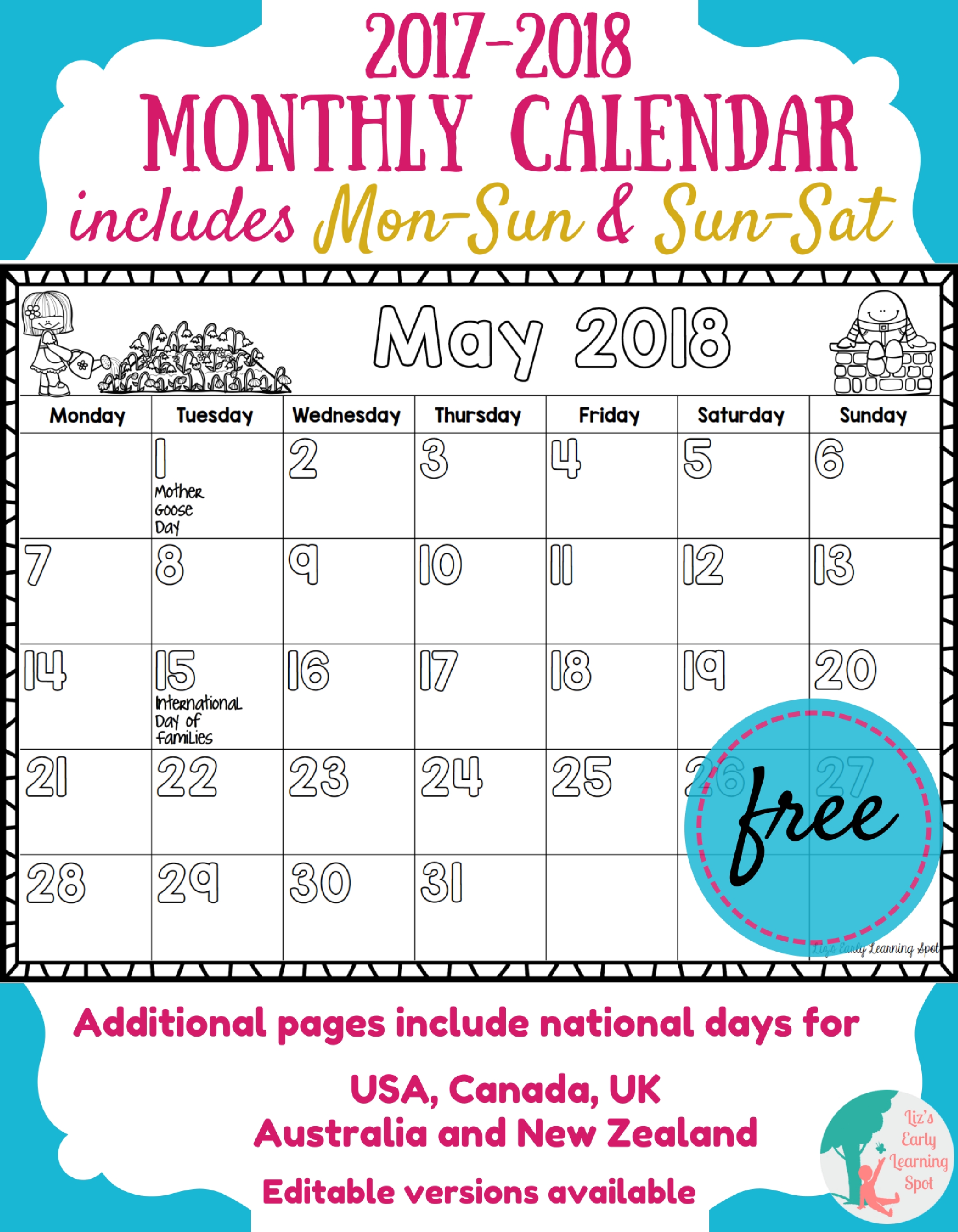 Free 2017-2018 Monthly Calendar for Kids | Liz's Early Learning Spot