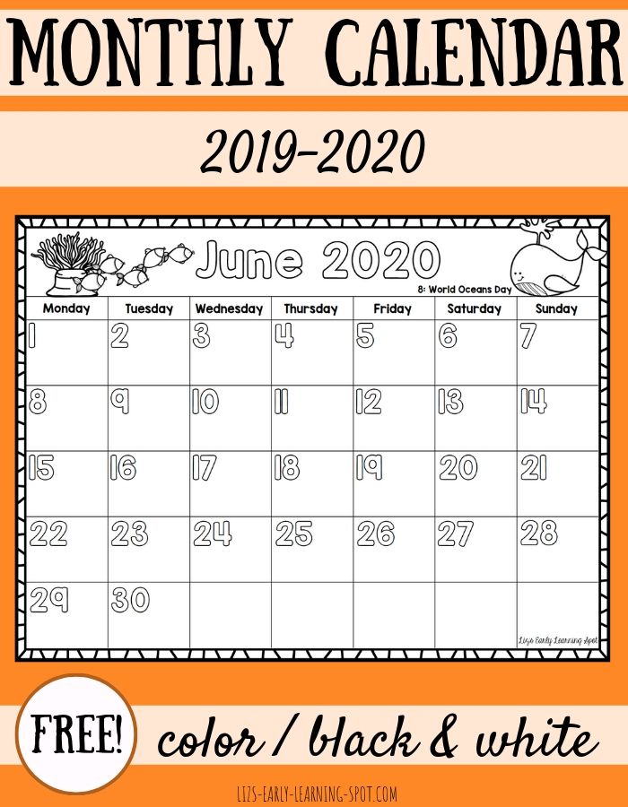 Free 2019 2020 Monthly Calendars For Kids Liz S Early